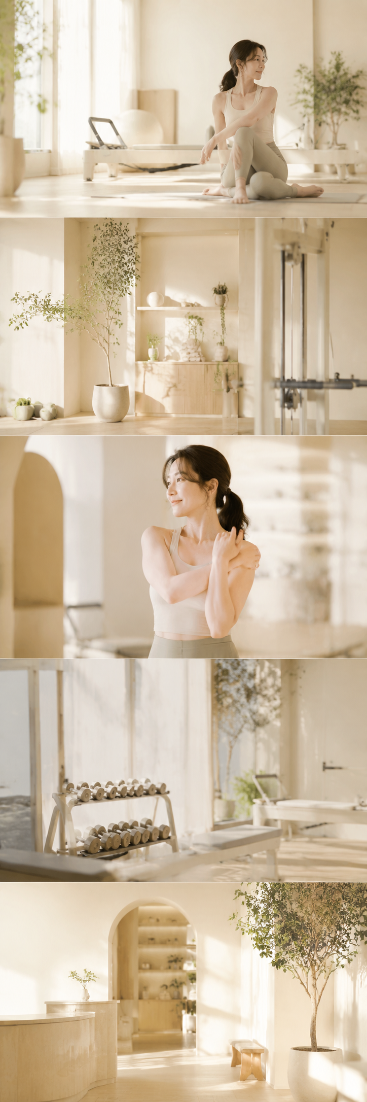 FORMAのスタジオ。明るく清潔感のある空間で、女性がストレッチをしている様子